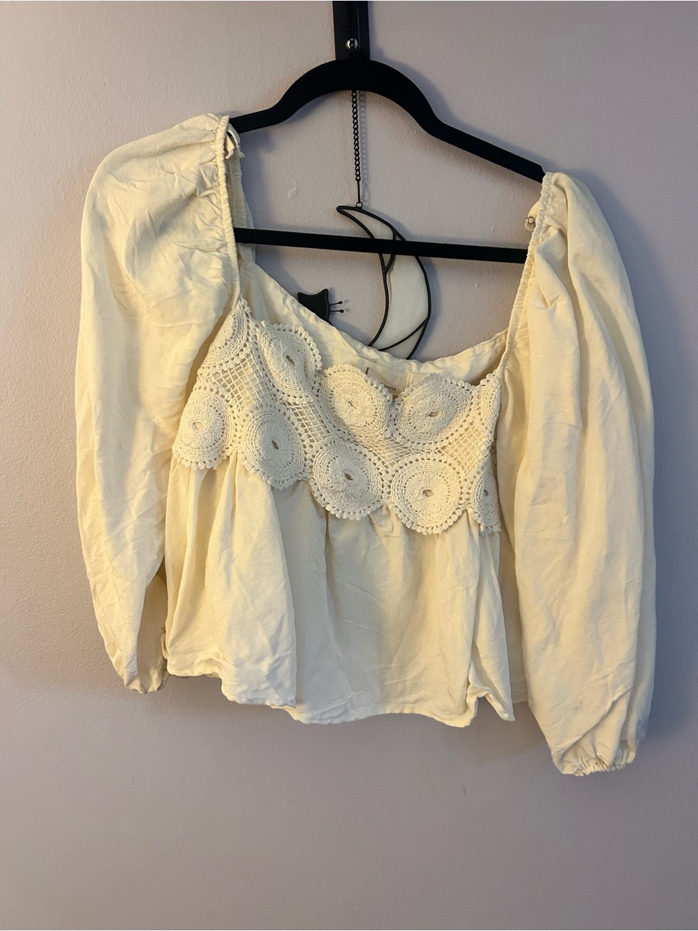 Anthropologie Cream Crochet-Front Peasant Top